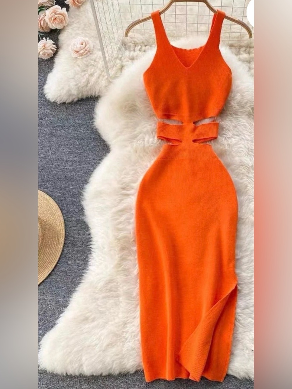 Sleeveless Cutout Knit Maxi Dress in Bright Orange